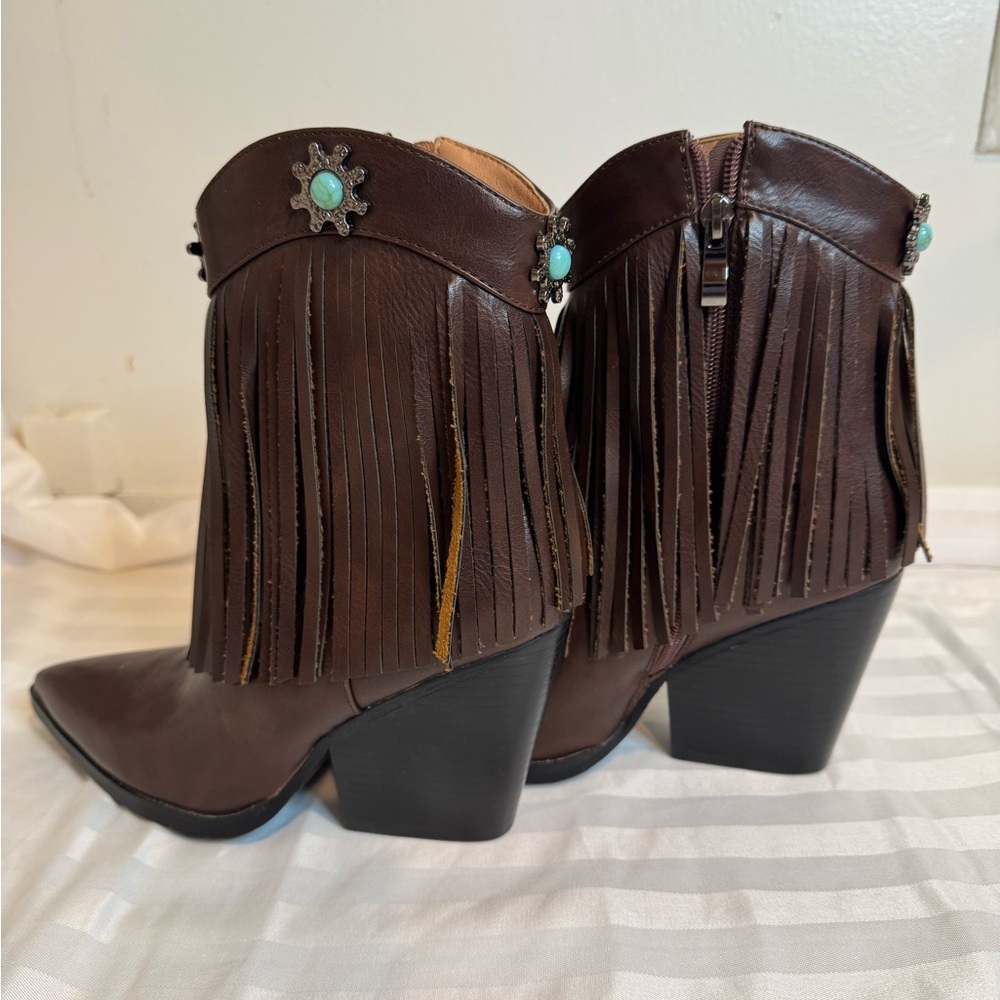 SHEIN Brown Ankle Boots with Fringe and Western Flair